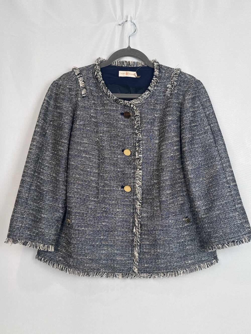 Tory Burch Collarless Tweed Fringe Jacket Navy Gold Sz 14